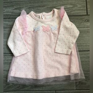 Rene Rofe|Baby girl light pink tulle sweater shirt, floral detail•••polka dot